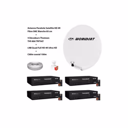Antenne Parabole Satellite HD 4K Fibre SMC Blanche 85cm WORLDSAT + 4 Décodeurs Thomson THS 806 TNTSAT + LNB Quad 4K Ultra Ful ...