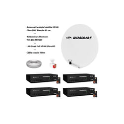 ME - Kit Antenne Parabole Sat hd 4K Fibre smc Blanche 85cm worldsat + 4 Décodeurs Thomson ths 806 tntsat + lnb Quad 4K Ultra Full hd + Câble coaxial