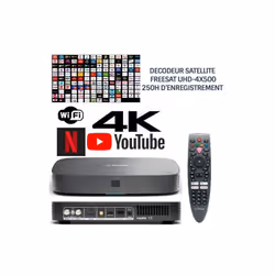 Décodeur satellite HD UHD-4X500 sans abonnement, Astra 2 à 28.2 degrés Est, 200 chaînes sat, 13 chaînes HD, 250h enregistreme ...