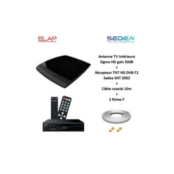 ME - Antenne tv intérieure Sigma hd, uhf 470-790, gain 50dB elap + Récepteur tnt hd DVB-T2 Sedea snt 2002 + Cable coax 10m + 2 fiches f