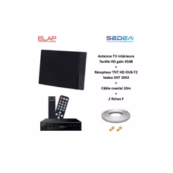 Antenne TV TNT Intérieure Tactile HD VHF UHF, Gain 45dB ELAP + Récepteur TNT HD DVB-T2 Sedea SNT 2002 + Cable coax 10m + 2 fi ...