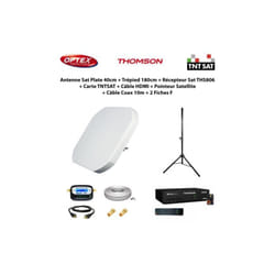 Antenne Sat Plate 40cm + Trépied 180cm + Récepteur Sat THS806 + Carte tntsat + Câble hdmi + Pointeur + Câble Coax 10m + 2 Fiches f