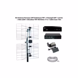 Kit Antenne Panneau UHF Extérieure TNT + Préampli UHF Réglable 1 entrée + Alim 220V + Décodeur TNT HD Etimo 1T-2 + Câble Coax ...