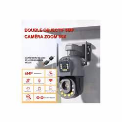 Caméra de Surveillance Sécurité Extérieure PTZ Double Objectif IP HD 6MP 4G Sans Fil + Carte Micro SD 128G + Lecteur Surveill ...
