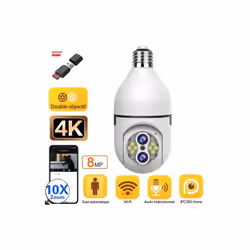 Caméra de Surveillance Intérieure Ampoule 4K 8MP Zoom 10X WiFi + Lecteur + Carte Micro SD 128G Zoom numérique 10x Si vous ave ...