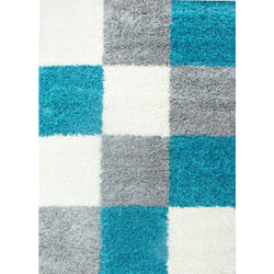 Tapis Shaggy Poils Longs Motifs Carreaux (Gris / Blanc / Turquoise - 80x150cm)