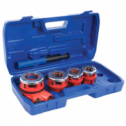 Jeu de 4 filières de plombier. Cages en fonte pourvues chacune de 4 peignes en acier allié et de 4 trous permettant d'évacuer ...