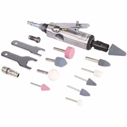 Mini-meuleuse pneumatique avec meules et accessoires, pour rectifier et ébarber sur tiges de 1/4" et 1/8". Compatible avec av ...