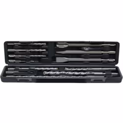 Coffret de 12 forets de 5 à 20 mm de diamètre, pointerolle, burin et gouge SDS. Dimensions : 1 foret Ø 5 mm - 110 mm, 1 foret ...