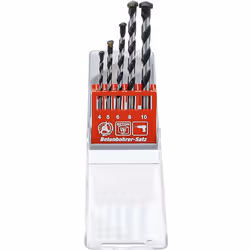 Coffret de 5 forets pour béton à queue cylindrique comprenant : 5 forêts de diamètres 4 mm, 5 mm, 6 mm, 8 mm, 10 mm.