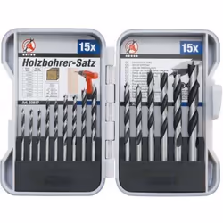 Coffret de 15 mèches à bois pour perceuse comprenant : 3 x Ø 3 mm, 2 x Ø 3,5 mm, 2 x Ø 4 mm, 1 x Ø 4,5 mm, 1 x Ø 5 mm, 1 x Ø  ...