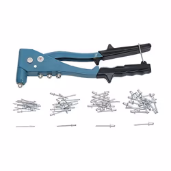 Lot de 60 rivets et pince à rivets. Avec 4 embouts interchangeables pour Ø 2,4 / 3,2 / 4,0 et 4,8 mm. Conditionné en coffret.