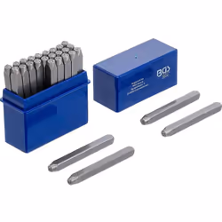 Kit de 27 lettres à frapper pour l'estampage sur les métaux et sur d'autres matériaux tel le cuir. Le boîtier contient 27 poi ...