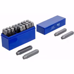 Kit de 27 lettres à frapper pour l'estampage sur les métaux et sur d'autres matériaux tel le cuir. Le boîtier contient 27 poi ...