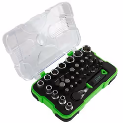 Coffret de douilles à cliquet mini et d'embouts carré conducteur 1/4 contenant : cliquet 1/4 à 72 dents de 80 mm, douilles :  ...