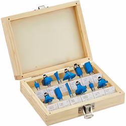 Coffret de 12 fraises à bois pour défonceuse 1/4", avec tranchant en carbure de tungstène et tiges en acier trempé. Coffret c ...