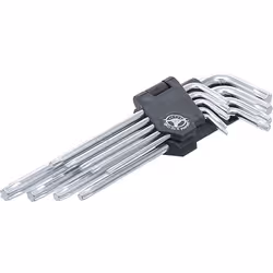 Ensemble de 9 clés mâles profil Torx de dimensions : T10, T15, T20, T25, T30, T40, T45 et T50. En acier chrome-vanadium. Exéc ...