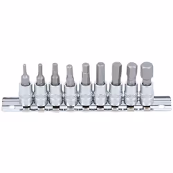 Lot de douilles à embouts hexagonaux mâles en pouces avec cannelure présentées sur un rail de métal. Douilles à embouts 6 pan ...