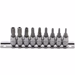 Douilles à embouts Torx mâles percés Résistorx avec cannelure présentées sur un rail de métal. Douilles à embouts carré de 6, ...