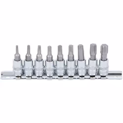 Lot de douilles à embouts Torx mâles avec cannelure présentées sur un rail de métal. Douilles à embouts 4 pans intérieurs. Ca ...