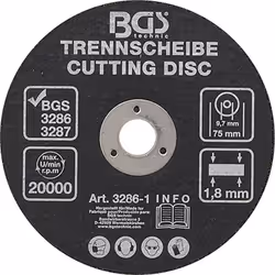 Disque à découper pour meuleuses pneumatiques 75 x 1.8 mm Caractéristiques techniques : Régime max. 20 000 tr/min Diamètre d' ...