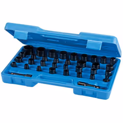 Coffret de 35 pièces dont 32 douilles 6 pans métriques et impériales impact. 22 douilles de 8 à 30 mm. 10 douilles de 3/8" à ...