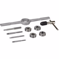 Ensemble de tarauds et filières en acier. Tourne-à-gauche en T. Dimensions : M4, M5, M6 et M8.