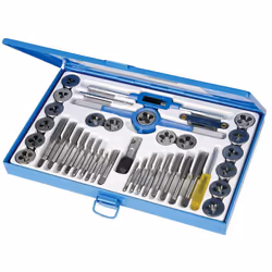 40 tarauds et filières Expert en acier au tungstène massif. Le coffret comprend : Tourne-à-gauche réglable à long manche, Por ...