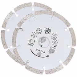 2 disques à tronçonner diamant et à segment Ø 125 mm. Pour une coupe à sec. Pour le béton, la pierre les matériaux de constru ...