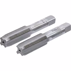 Ensemble de 2 tarauds de M18 x 1.5 mm. Le taraud ébaucheur, marqué d'un trait circulaire, est le premier à passer. L'autre es ...