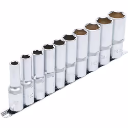 Douilles Pro Torque longues BGS Technic. Transmission par carré mâle 12.7 mm (1/2"). Avec cannelure. Sur rail métal. En acier ...
