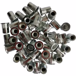 Sachet de 50 inserts filetés à sertir de Ø 8mm en acier galvanisé. Pour sertissage sur support de 1 à 4 mm.