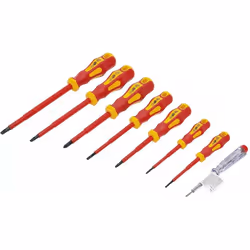 Lot de 8 tournevis VDE isolés de marque BGS Technic. Poignées bicomposant antidérapant. Avec perforation de suspension. Testé ...