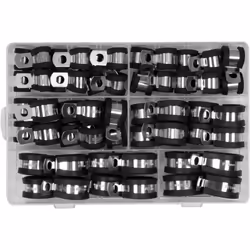 Assortiment de 52 colliers en acier galvanisé avec bande caoutchouc moulé RSGU. Adaptés pour la fixation de tuyaux, de câbles ...