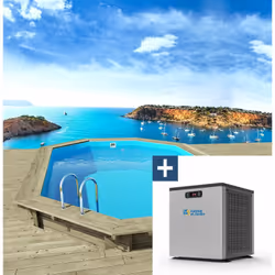 Kit piscine bois du Nord octogonale allongée - 4.86 x 3.36 x 1.30 m - Pin traité autoclave classe 4 FSC - 45mm - Liner Bleu p ...
