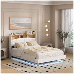 Lit 140 x 190 cm led avec rangement tête de lit avec éclairage LED intégré "Sarah" - Dimensions : 206,5 x 140 x 103 cm - Bois ...