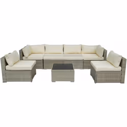 Canapé de jardin panoramique "Elia" - 6 places - Dimensions du canapé : 296 x 148 x 70 cm - Dimensions de la table : 63 x 63  ...