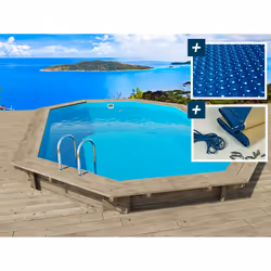 Habitat Et Jardin Piscine Bois " Rio 130" - 5.60 X 3.70 X 1.39 M + Bâche à Bulles 180 µ + Bâche Hiver 280 Gr/m²