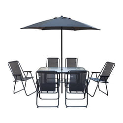 Table et chaises de jardin avec parasol en métal Convivia - 6 places - Gris anthracite