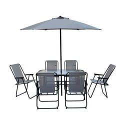Table et chaises de jardin avec parasol en métal Convivia - 6 places - Gris clair