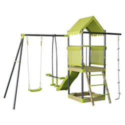 Aire de jeu portique en métal avec toboggan et bac a sable Sohane - Vert