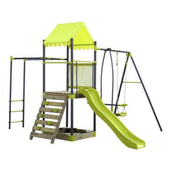 Aire de jeu portique en métal avec toboggan et bac a sable Lucien - Vert