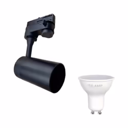 Découvrez le Kit Spot LED sur rail 80° Triphasé Noir + Ampoule LED GU10 5W, une solution d'éclairage moderne et performante s ...