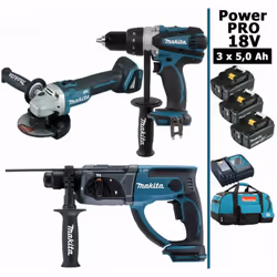 Pack Power PRO MAKITA 18V 3 outils 3 batt 5Ah comprenant: - 1 Perceuse visseuse 18V 91Nm DDF458 - 1 Perfo-burineur SDS-Plus 1 ...
