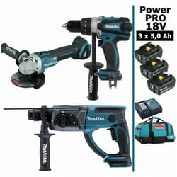 Makita - Pack Power pro 18V: Perceuse 91Nm DDF458 + Perfo 2J DHR202 + Meuleuse 125mm DGA504 + 3 batt 5Ah + sac