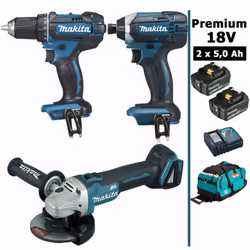 Description générale Pack Premium MAKITA 18V comprenant 3 machines et 2 batteries de 5Ah : 1 Perceuse visseuse 18V 62Nm DDF48 ...