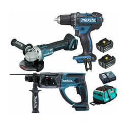 Pack Makita 18V 5Ah - Perceuse 62Nm DDF482 + Meuleuse 125mm DGA504 + Perforateur 2J DHR202 + 2 batteries + sac