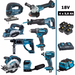 Pack Premium MAKITA 18V de 9 machines 4 batt 5Ah comprenant : - 1 Perceuse visseuse 18V 62Nm DDF482 - 1 Visseuse à chocs 18V  ...