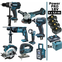 Makita - Pack Power pro 8 outils 18V: DDF458 DHR202 DGA504 DTD152 DJV180 DSS610 DMR108 DEADML802 4 batt 5Ah 5 Coffrets