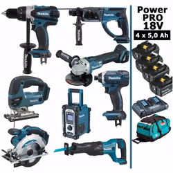 Pack Power PRO MAKITA 18V 8 outils 4 batt 5Ah comprenant: - 1 Perceuse visseuse 18V 91Nm DDF458 - 1 Perfo-burineur SDS-Plus 1 ...